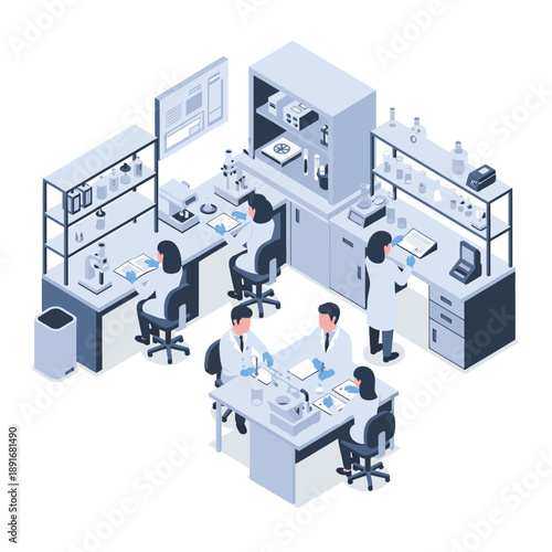 Scientists conducting experiments in a modern laboratory setting.