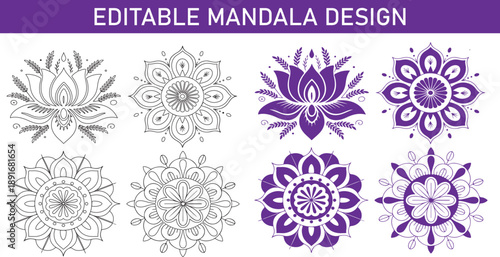 Editable mandala design elements in purple and black and white colors for art and craft projects  various floral patterns and shapes