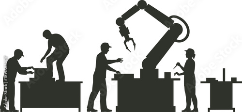 Industrial production shift illustrating teamwork, automation, robotics as workers collaborate with advanced robotic arms in a modern manufacturing environment focused on efficiency and technology.