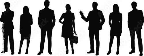 Professional business silhouettes of men and women standing in a row, teamwork and corporate workforce concept for leadership, collaboration, recruitment and human resources visuals.
