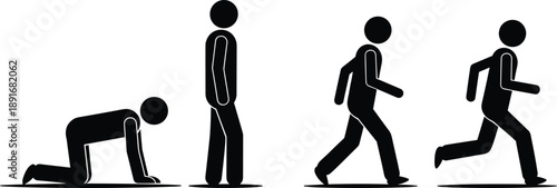 Human movement progression silhouette showing crawling, standing, walking, and running stages representing evolution of motion, activity development, and physical action sequence