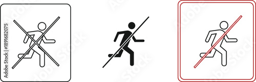 Running prohibited icon set showing no running and allowed movement symbols, minimalist vector signs isolated on white background