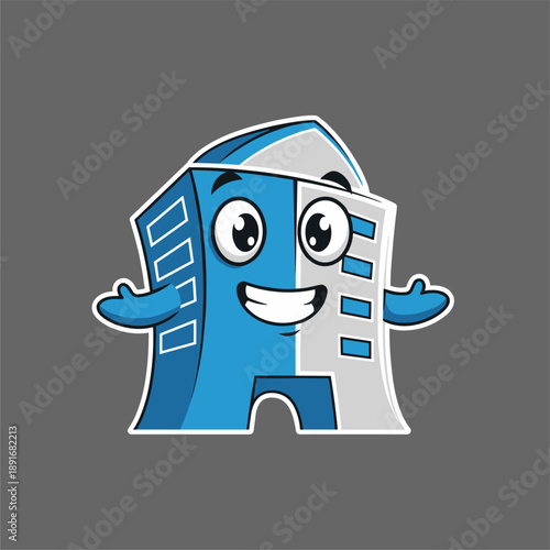 Cheerful Cartoon Building Character, Urban Environment, Digital Illustration, Playful Style