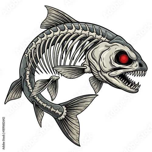 trout skeleton fish with glowing red eyes and sharp teeth on white background