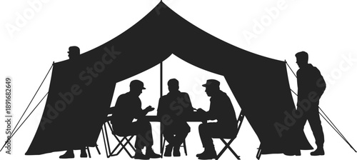 Silhouettes of people sitting and talking inside a tent outdoors, teamwork planning and discussion concept for camping, survival training, strategy meeting, outdoor coordination and communication.