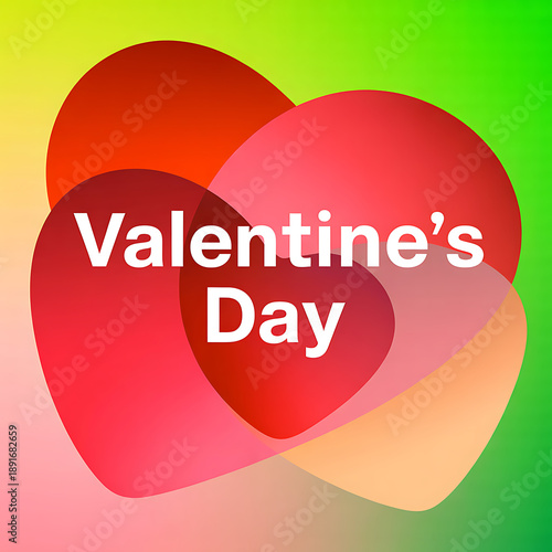 A vibrant valentine's day design with overlapping red and orange heart shapes on a lively green and yellow gradient background, emphasizing romantic celebration