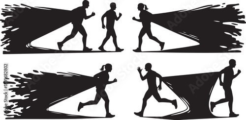 Silhouette of people running in various dynamic motion poses