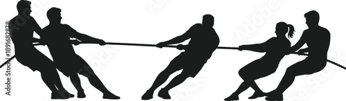 Silhouettes of two opposing teams competing in tug of war, symbolizing business conflict, teamwork, strategy, strength, motivation, leadership and competitive challenge in sport and corporate concepts