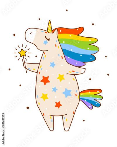 Cute сartoon rainbow unicorn with stars and fairy magic wand isolated on white background - funny animal character for Your kawaii happy design