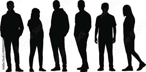 Silhouettes of young adults standing in casual modern clothing, representing individuality, urban lifestyle, contemporary fashion, and youth culture in a minimalist setting.