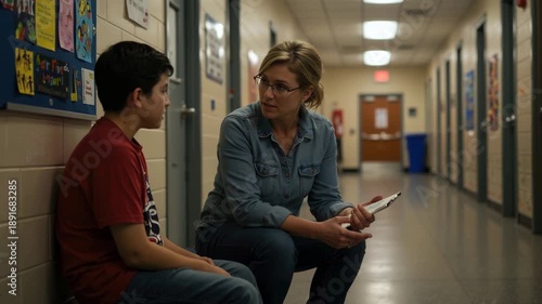 School counselor talking with boy on hallway bench, supportive conversation, education and mental health theme, warm light, documentary feel, room for message
