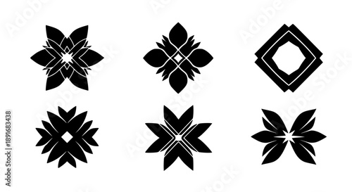Set of Symmetric Floral Motifs and Abstract Geometric Silhouettes for Decorative Graphic Design