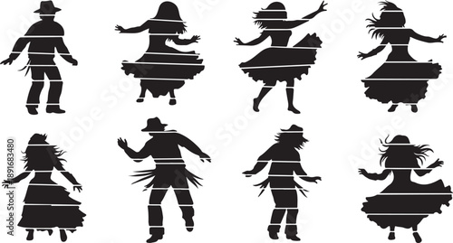 Silhouettes of people dancing in various dynamic poses together