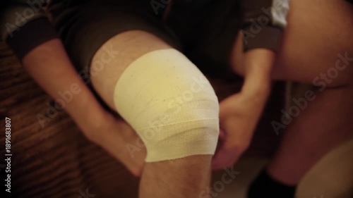 Man Wrapping Elastic Bandage Around Injured Knee. Man Treating Joint Pain. Rehabilitation and First Aid