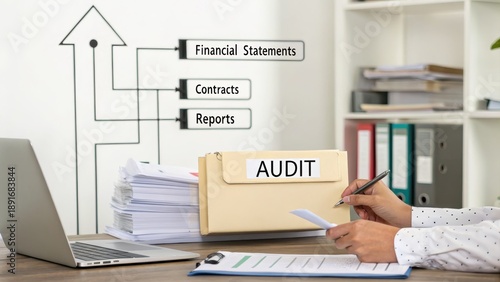 Professional Workspace Featuring Audit Files and Financial Documents
