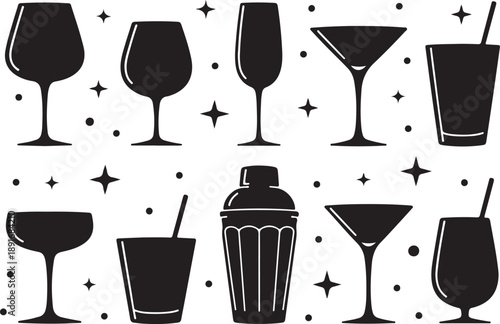 Various wine glasses and bar drinkware silhouettes seamless pattern in black vector style