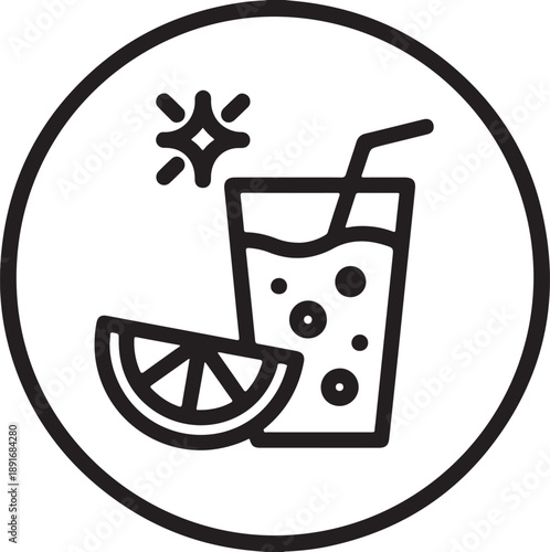 Refreshing citrus soda glass with ice cubes line icon for cold summer beverage concept