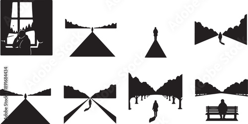 Silhouettes of people in nature and urban landscapes depicted