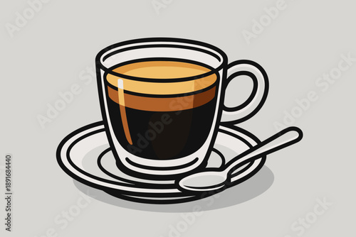 Transparent espresso cup on saucer and spoon, minimalist coffee icon for cafe branding