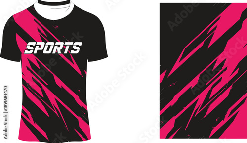 Modern black and vibrant pink abstract sports jersey design template showcasing dynamic graphic elements perfect for esports teams and athletic wear branding