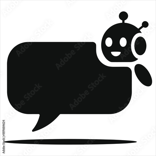AI chatbot icon vector. Artificial intelligence robot head with speech bubble symbol. Virtual assistant, online customer support and automated messaging concept black silhouette isolated on white.
