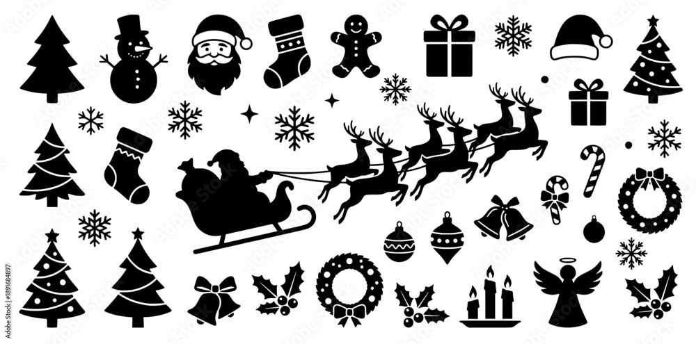 Fototapeta premium Festive Christmas Icons and Silhouettes Set 