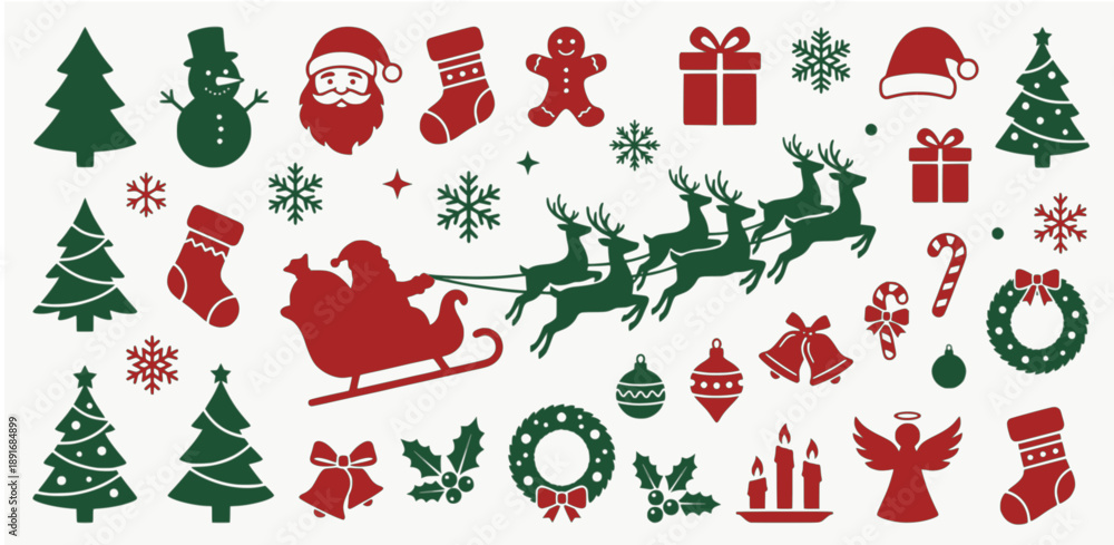 Fototapeta premium Red and Green Christmas Holiday Icons Set 