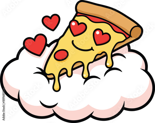 A cheerful slice of pizza with a smiling face and surrounding hearts floats on a cloud on transparent background high quality