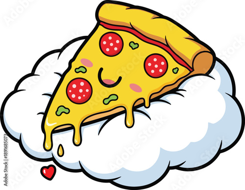 A cheerful cartoon pizza slice with pepperoni and melted cheese rests on a fluffy cloud on transparent background high quality professional