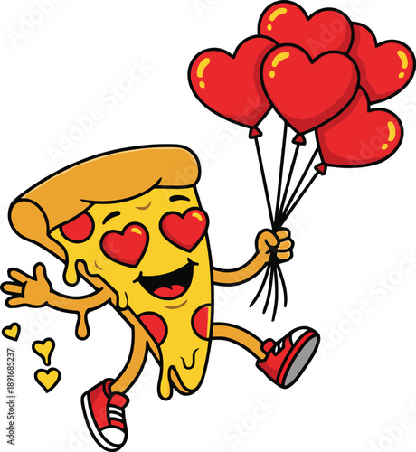A cheerful pizza slice character holds a bunch of red heart shaped balloons and smiles on transparent background high quality professional