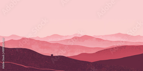 Pink vector mountain landscape at sunset with a misty forest valley and clouds drifting over the peak during a sunrise horizon view