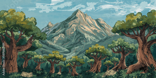 Green summer landscape with trees and mountains under a cloudy sky in a peaceful valley