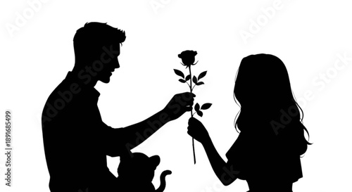 A romantic gesture: silhouette of a man presenting a single rose to a woman
