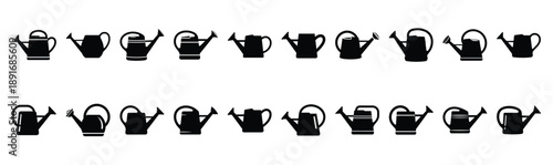 Set of various black silhouette watering can isolated on white background.