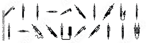 Set of various black silhouette voltage tester isolated on white background.