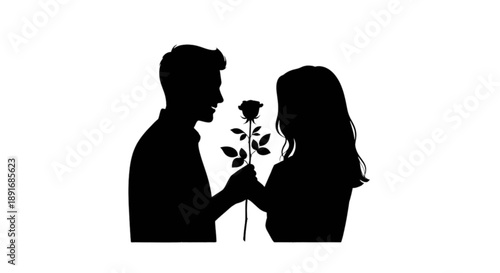 A romantic silhouette of a man giving a single rose to a woman, symbolizing love and gesture