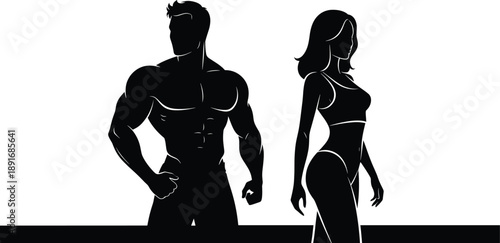 Black silhouettes of muscular man and woman in sportswear silhouettes, black, white background, muscular man, woman, fitness, bodybuilding, sports, athletic, people, healthy lifestyle, exercise, worko