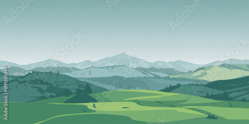 A panoramic summer view of a green mountain meadow in the Alps under a cloudy blue sky featuring a lush forest valley and rural pasture scenery