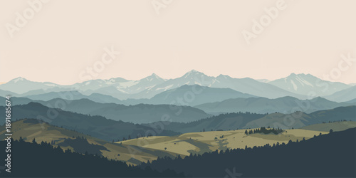 A serene morning mountain landscape reveals mist and fog rolling over forest hills and valleys under a soft sunrise sky at dawn