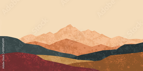 Misty blue mountain range silhouette under a sunset sky with clouds and fog over rolling hills in a vector art illustration