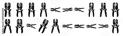 Set of various black silhouette wire stripper isolated on white background.
