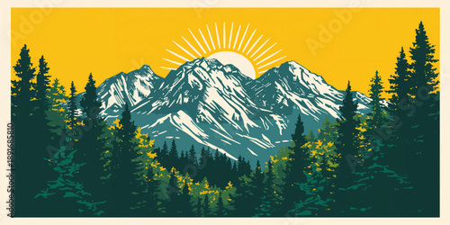 Vector illustration of a sunset over an abstract wheat field landscape with green trees and high snow peak mountains in a summer valley under a cloudy sky