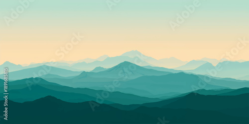 A misty morning view of a blue forest valley where the sun rises over fog-covered mountain peaks and rolling hills under a soft dawn sky