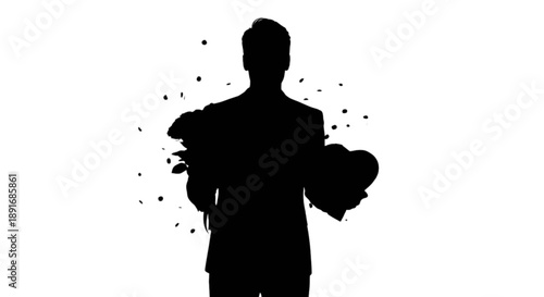 Romantic silhouette of a man holding a bouquet of flowers and a heart with scattered petals