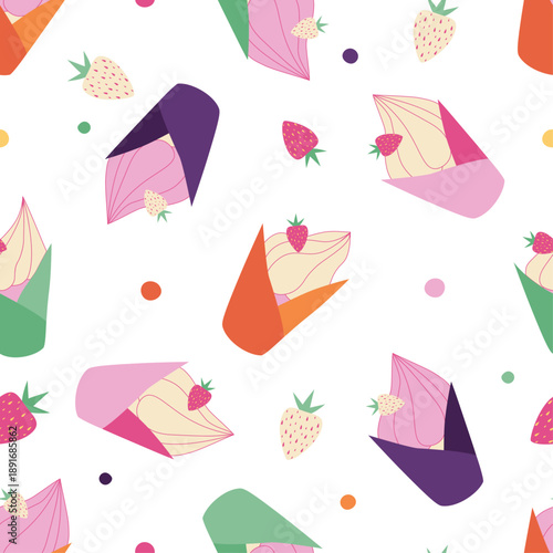 Bright pattern with cupcakes and strawberries, seamless pattern for wrapping paper, pattern for a pastry shop with pastries and polka dots, sweet dessert with strawberries for the holidays