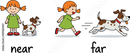 Educational Illustration for Kids Explaining Near and Far Concepts with a Girl and Her DogEducational Illustration for Kids Explaining Near and Far Concepts with a Girl and Her Dog