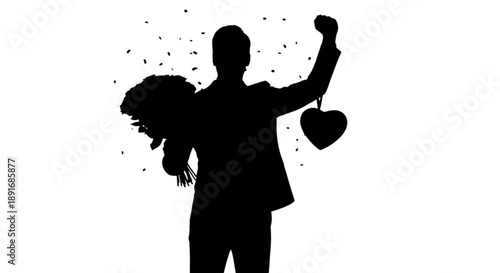 Man's victorious silhouette holds a bouquet of flowers and a heart with confetti