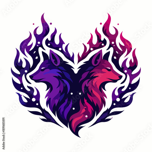 Twin fox heads forming flaming heart emblem in purple and magenta, fantasy mascot icon