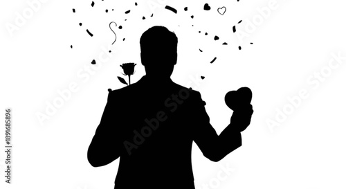 Silhouette of a man expressing love with a rose and heart, amidst a shower of romantic symbols and celebration