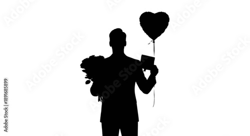 A romantic silhouette of a man holding flowers, a heart balloon, and a gift for a special occasion
